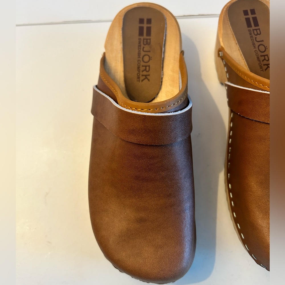 BJORK Maja Brown Leather Mule Clog with Wooden Sole Open Back Sz 39  8-8.5 - Picture 7 of 16